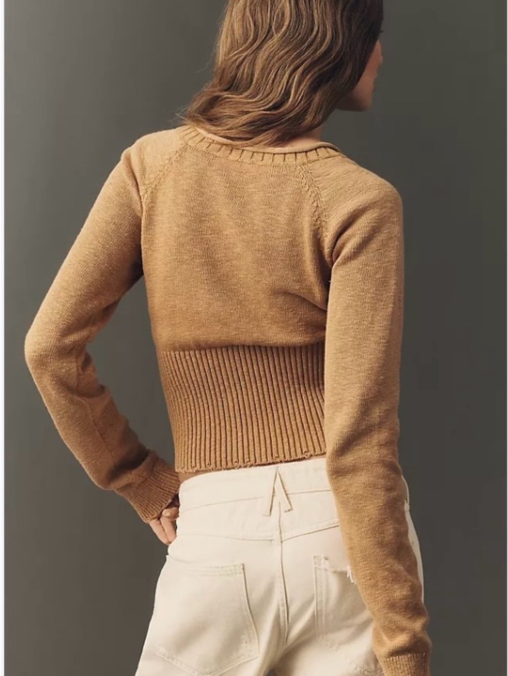 Pilcro Tan Ribbed Button-Front Cropped Sweater - Picture 3 of 5